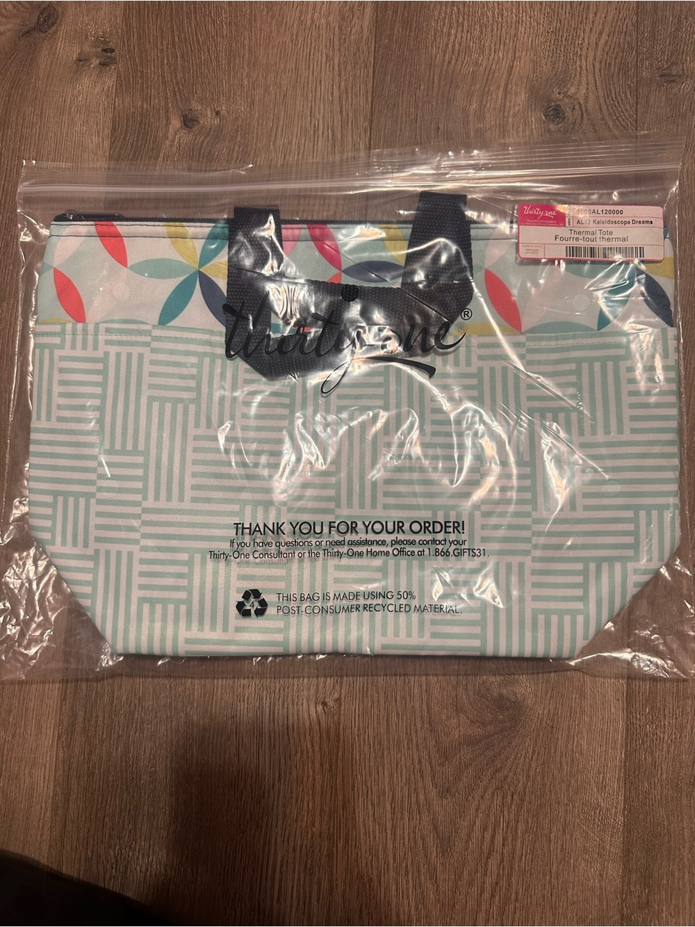 thirty-one Thermal Mint Geometric & Leaf Print Tote with Navy Handles